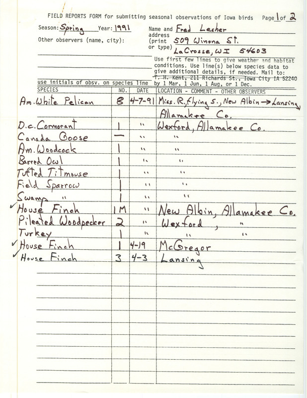 Field reports submitted by Fred Lesher for spring 1991. This item was used as supporting documentation for the Iowa Ornithologists' Union Quarterly field report of spring 1991.