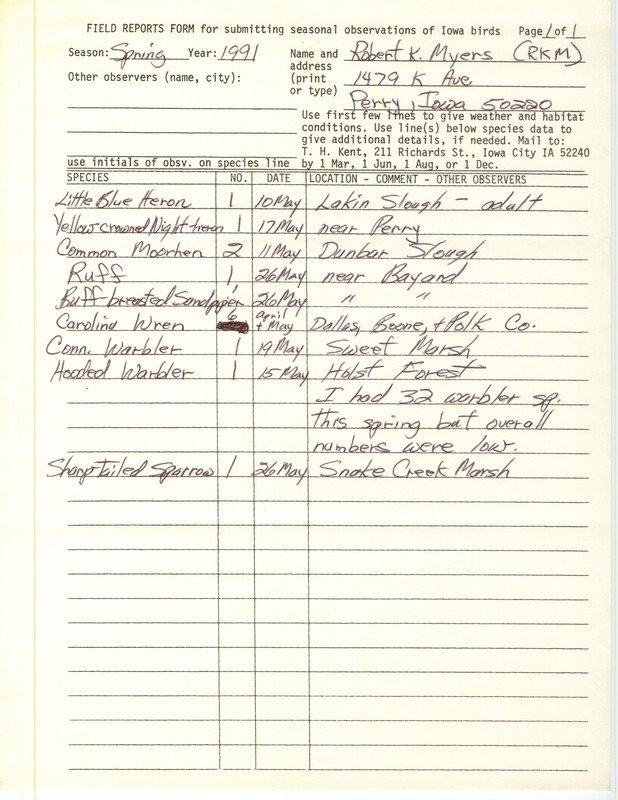 Field reports form with one detailed sighting submitted by Robert K. Myers for spring 1991. This item was used as supporting documentation for the Iowa Ornithologists' Union Quarterly field report of spring 1991.