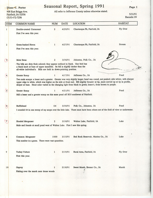 Field reports with some detail about sightings submitted by Diane Porter for spring 1991. This item was used as supporting documentation for the Iowa Ornithologists' Union Quarterly field report of spring 1991.