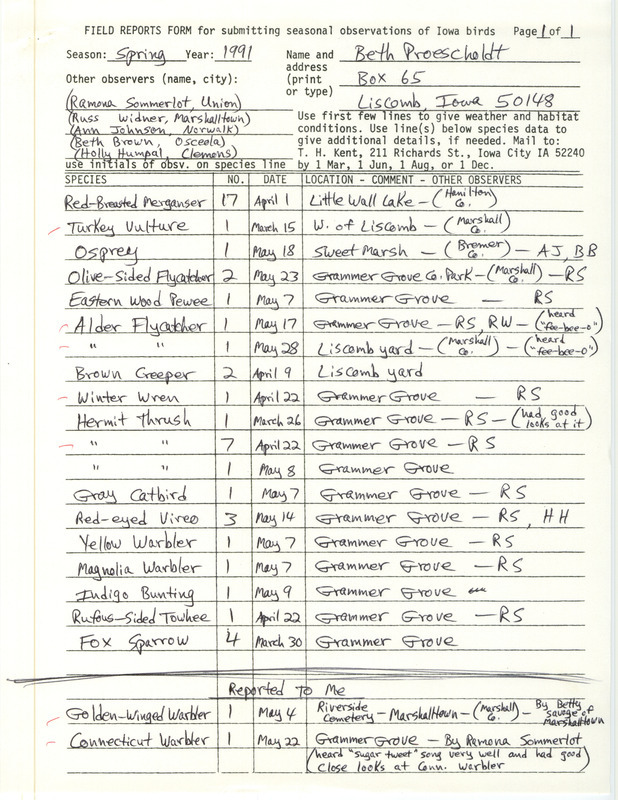 Field reports form submitted by Beth Proescholdt with several contributors for spring 1991. This item was used as supporting documentation for the Iowa Ornithologists' Union Quarterly field report of spring 1991.