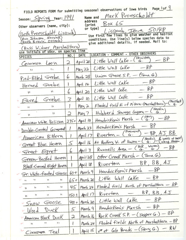 Field reports form with few detailed descriptions of bird sightings submitted by Mark Proescholdt with several observers for spring 1991. This item was used as supporting documentation for the Iowa Ornithologists' Union Quarterly field report of spring 1991.