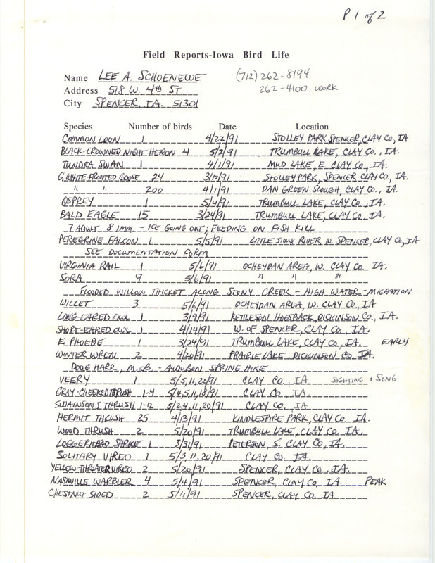 Field reports submitted by Lee A. Schoenewe for the spring of 1991. This item was used as supporting documentation for the Iowa Ornithologists' Union Quarterly field report of spring 1991.