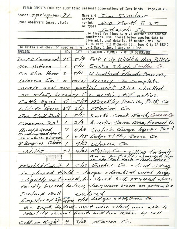 Field reports form with some notes on the sightings submitted by Jim Sinclair for spring 1991. This item was used as supporting documentation for the Iowa Ornithologists' Union Quarterly field report of spring 1991.