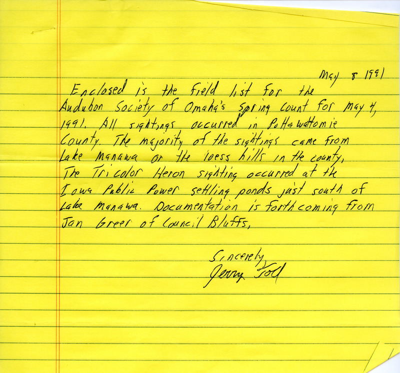 Field reports in the form of checklists with an introductory letter from Jerry Toll to IOU on May 8, 1991. This item was used as supporting documentation for the Iowa Ornithologists' Union Quarterly field report of spring 1991.