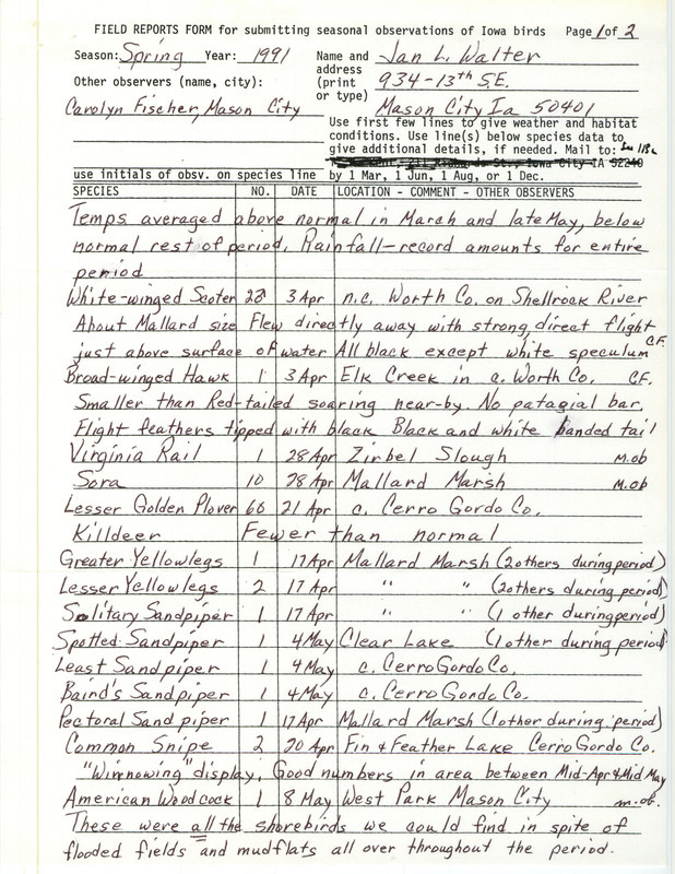 Field reports form with general notes about the birding season and some detail about the sightings submitted by Jan L. Walter with contributor Carolyn Fischer for spring 1991. This item was used as supporting documentation for the Iowa Ornithologists' Union Quarterly field report of spring 1991.