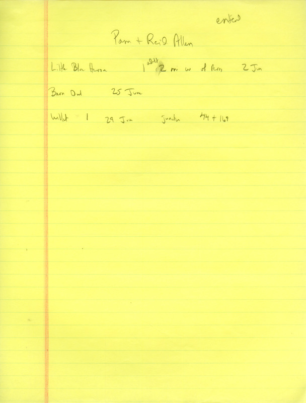 List of birds and locations contributed by Pam Allen and Reid I. Allen. This item was used as supporting documentation for the Iowa Ornithologists Union Quarterly field report of summer 1991.