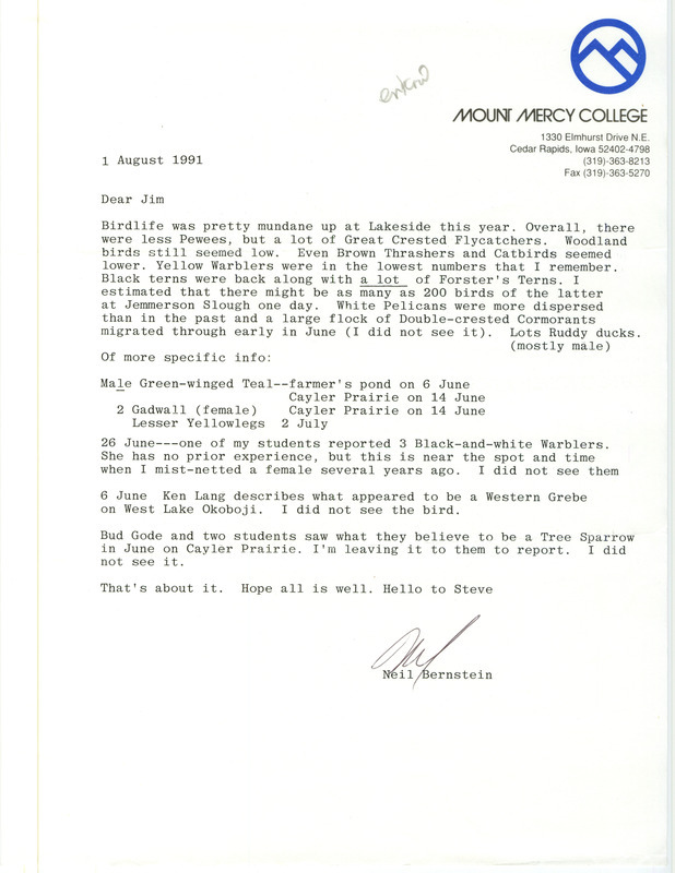 Field notes contributed by Neil Bernstein in a letter to James J. Dinsmore. This item was used as supporting documentation for the Iowa Ornithologists Union Quarterly field report of summer 1991.