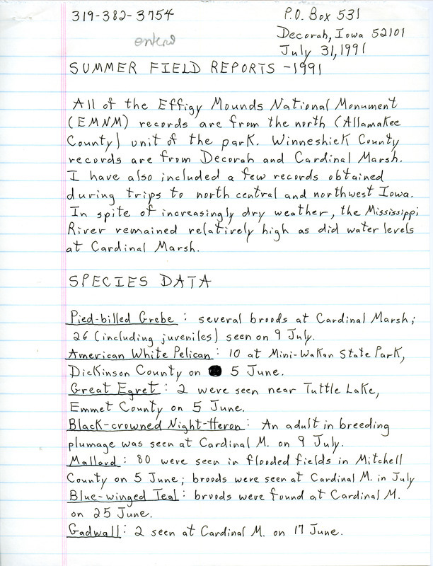 List of birds and locations contributed by Dennis L. Carter. This item was used as supporting documentation for the Iowa Ornithologists Union Quarterly field report of summer 1991.