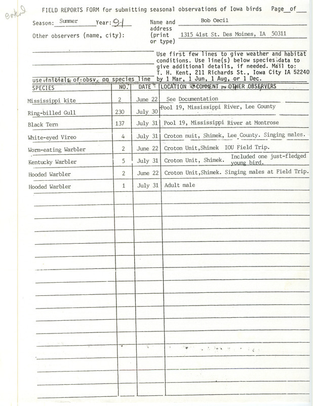 List of birds and locations contributed by Robert I. Cecil. This item was used as supporting documentation for the Iowa Ornithologists Union Quarterly field report of summer 1991.