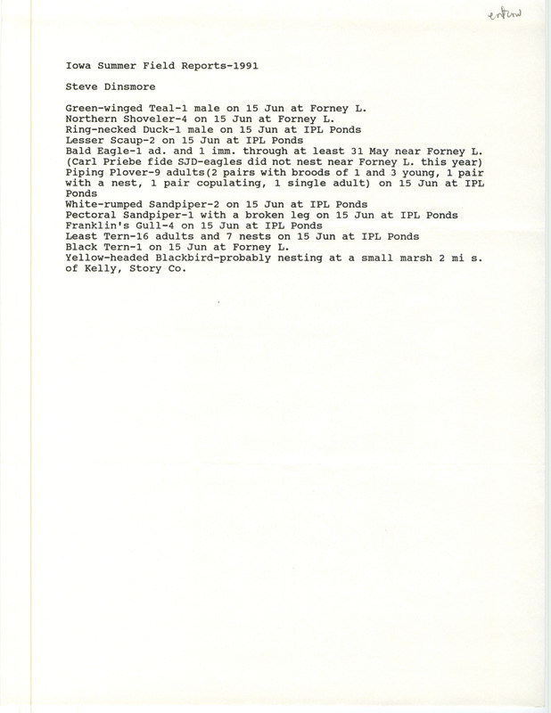 List of birds and locations contributed by Stephen J. Dinsmore. This item was used as supporting documentation for the Iowa Ornithologists Union Quarterly field report of summer 1991.