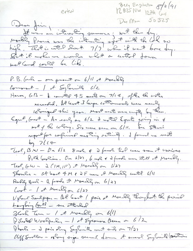 Field notes contributed by Bery Engebretsen in a letter to James J. Dinsmore. This item was used as supporting documentation for the Iowa Ornithologists Union Quarterly field report of summer 1991.