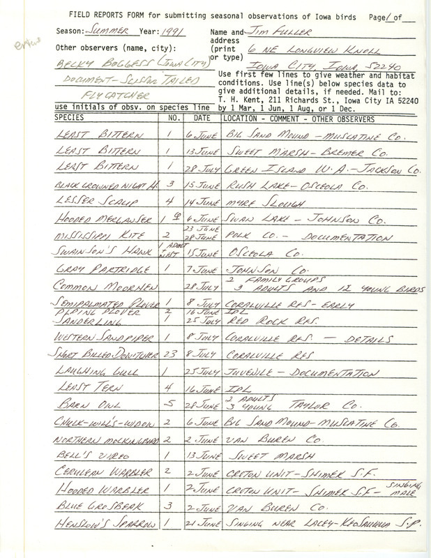 List of birds and locations contributed by James L. Fuller with observer Becky Boggess. This item was used as supporting documentation for the Iowa Ornithologists Union Quarterly field report of summer 1991.