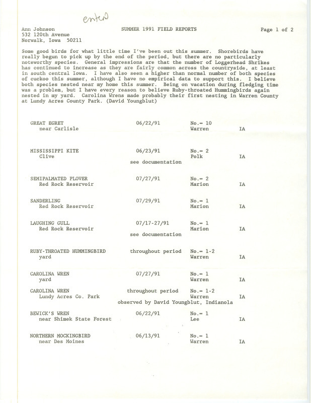 List of birds and locations contributed by Ann Johnson with observer David Youngblut. This item was used as supporting documentation for the Iowa Ornithologists Union Quarterly field report of summer 1991.