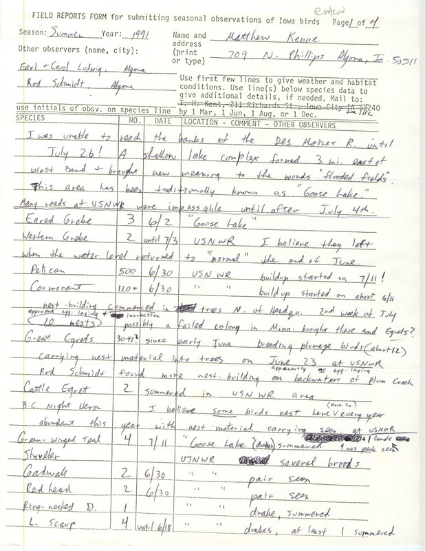 List of birds and locations contributed by Matthew Kenne with observers Earl Ludwig, Carole Ludwig and Rod Schmidt. This item was used as supporting documentation for the Iowa Ornithologists Union Quarterly field report of summer 1991.