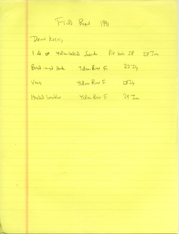 List of birds and locations contributed by Darwin Koenig. This item was used as supporting documentation for the Iowa Ornithologists' Union Quarterly field report of summer 1991.