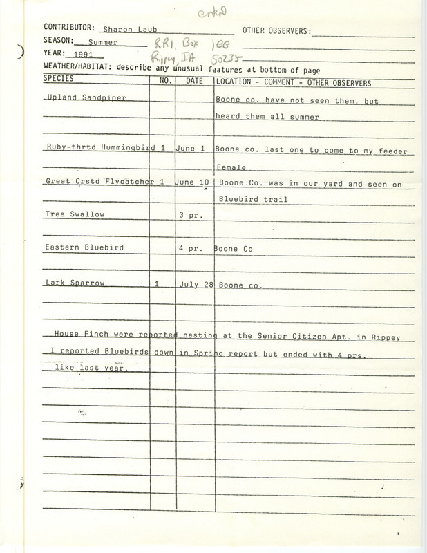 List of birds and locations contributed by Sharon Laub. This item was used as supporting documentation for the Iowa Ornithologists' Union Quarterly field report of summer 1991.