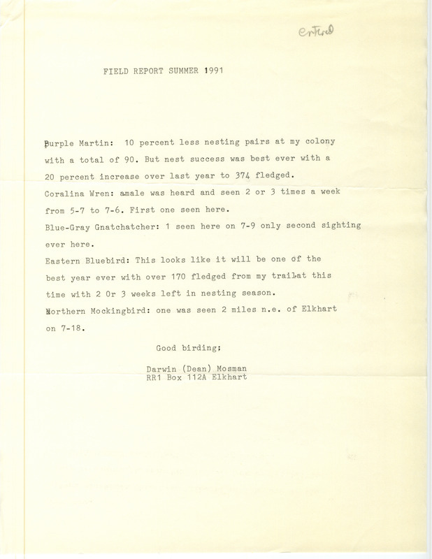 List of birds and locations contributed by Dean Mosman. This item was used as supporting documentation for the Iowa Ornithologists' Union Quarterly field report of summer 1991.