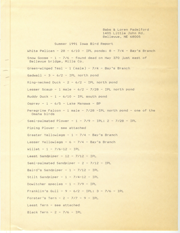 List of birds and locations contributed by Babs Padelford and Loren Padelford. This item was used as supporting documentation for the Iowa Ornithologists' Union Quarterly field report of summer 1991.