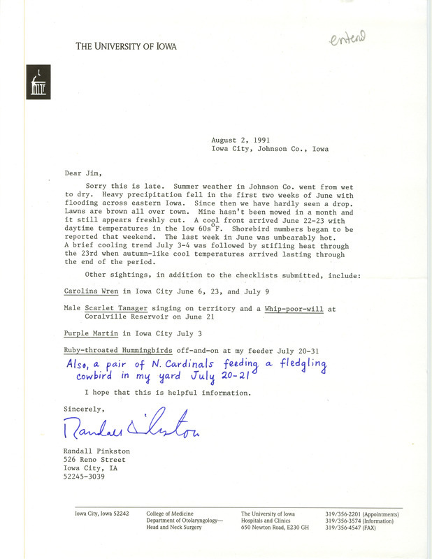 Letter and accompanying field checklists of Iowa birds from Randall Pinkston to James J. Dinsmore. The field checklists include five forms. This item was used as supporting documentation for the Iowa Ornithologists' Union Quarterly field report of summer 1991.