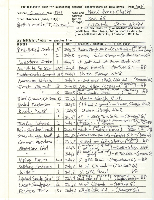 List of birds and locations contributed by Mark Proescholdt with observer Beth Proescholdt. This item was used as supporting documentation for the Iowa Ornithologists' Union Quarterly field report of summer 1991.