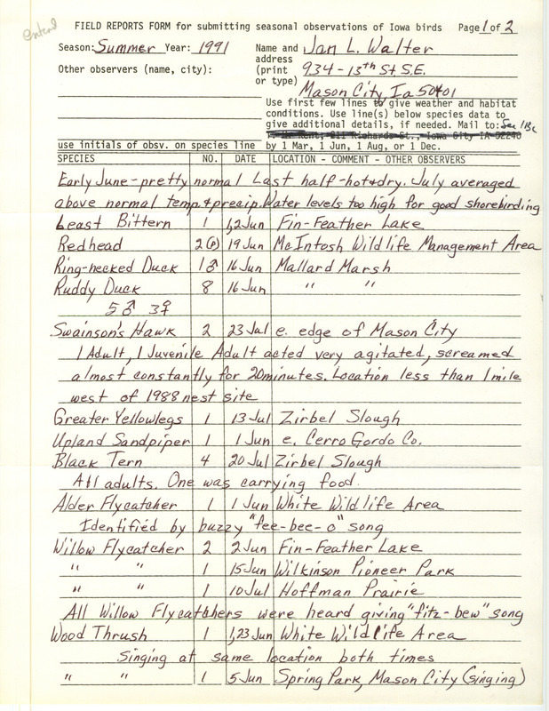 List of birds and locations contributed by Jan L. Walter. This item was used as supporting documentation for the Iowa Ornithologists' Union Quarterly field report of summer 1991.