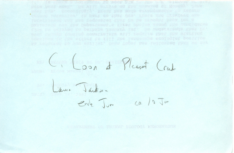 Field notes consist of a sighting of a Common Loon at Pleasant Creek State Park. This item was used as supporting documentation for the Iowa Ornithologists' Union Quarterly field report of summer 1991.