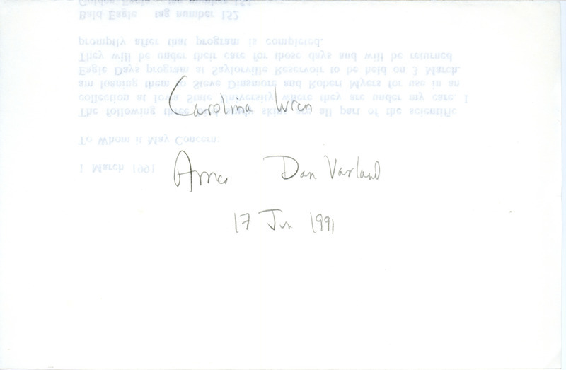 Field notes consist of a sighting of a Carolina Wren in Ames. This item was used as supporting documentation for the Iowa Ornithologists' Union Quarterly field report of summer 1991.