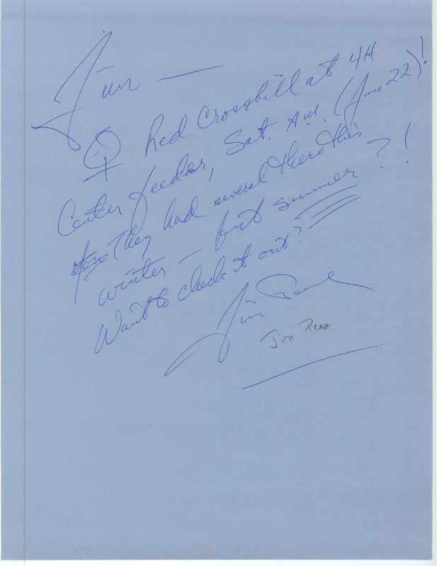 Field notes contributed by Jim Pease in a letter to James J. Dinsmore. The field notes consist of a Red Crossbill sighting near Luther. This item was used as supporting documentation for the Iowa Ornithologists' Union Quarterly field report of summer 1991.