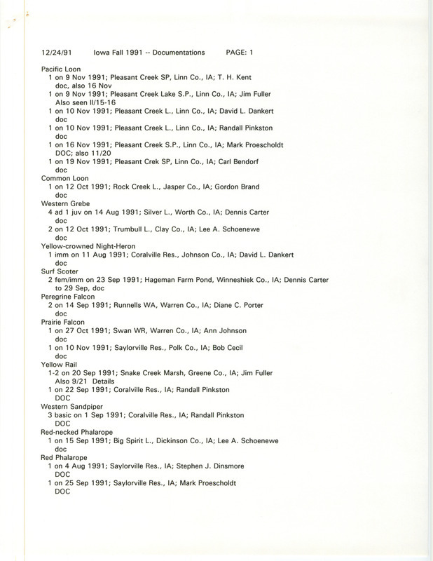 List of birds and locations contributed by the Iowa Ornithologists' Union. This item was used as supporting documentation for the Iowa Ornithologists' Union Quarterly field report of fall 1991.