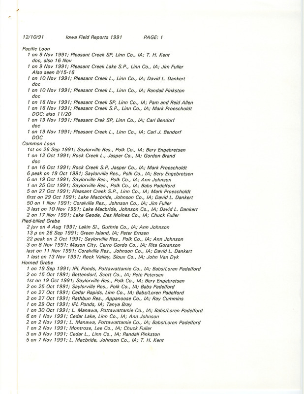 List of birds and locations contributed by the Iowa Ornithologists' Union. This item was used as supporting documentation for the Iowa Ornithologists' Union Quarterly field report of fall 1991.