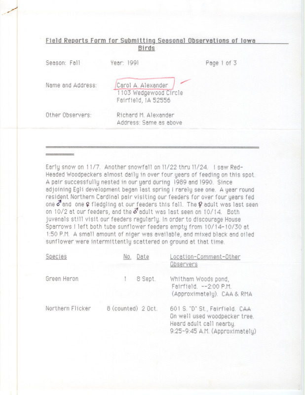 List of birds and locations contributed by Carol Ann Alexander with observer Richard Alexander. This item was used as supporting documentation for the Iowa Ornithologists' Union Quarterly field report of fall 1991.