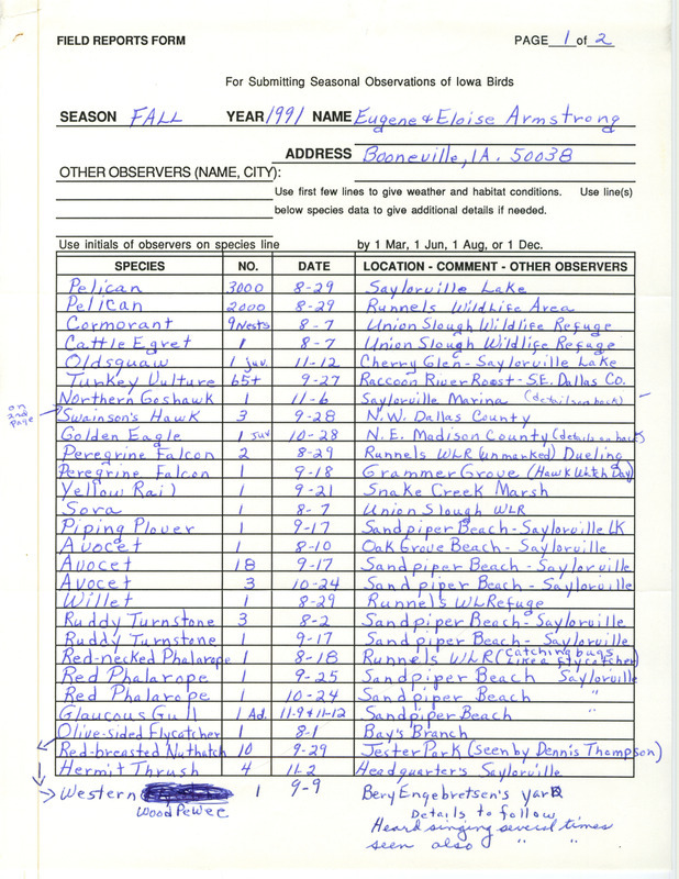 List of birds and locations contributed by Eloise Armstrong and Eugene Armstrong. This item was used as supporting documentation for the Iowa Ornithologists' Union Quarterly field report of fall 1991.