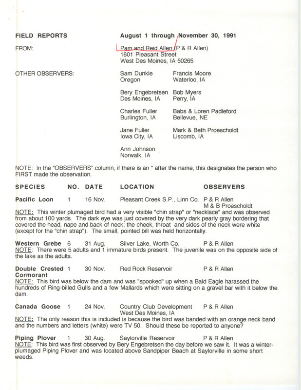 List of birds and locations contributed by Pam Allen and Reid I. Allen with observers Sam Dunkle, Francis L. Moore, Bery Engebretsen, Robert K. Myers and others. Included with the field notes is a letter from Pam Allen and Reid I. Allen to Thomas H. Kent regarding fall birding. This item was used as supporting documentation for the Iowa Ornithologists' Union Quarterly field report of fall 1991.