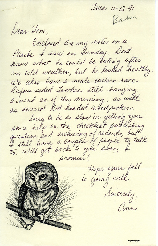 Field notes contributed by Ann M. Barker with a detailed description of an Eastern Phoebe observed at Lost Grove Lake Wildlife Management Area. Included with the field notes is a letter from Ann M. Barker to Thomas H. Kent regarding the bird sighting. This item was used as supporting documentation for the Iowa Ornithologists' Union Quarterly field report of fall 1991.