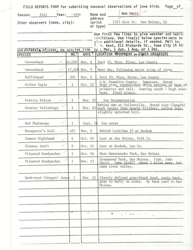 List of birds and locations contributed by Robert I. Cecil. This item was used as supporting documentation for the Iowa Ornithologists' Union Quarterly field report of fall 1991.