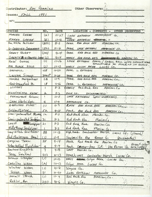 List of birds and locations contributed by Raymond L. Cummins. This item was used as supporting documentation for the Iowa Ornithologists' Union Quarterly field report of fall 1991.