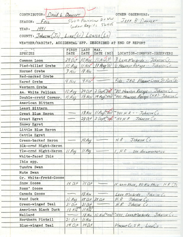 List of birds and locations contributed by David L. Dankert with observer Jeffrey B. Dankert. This item was used as supporting documentation for the Iowa Ornithologists' Union Quarterly field report of fall 1991.