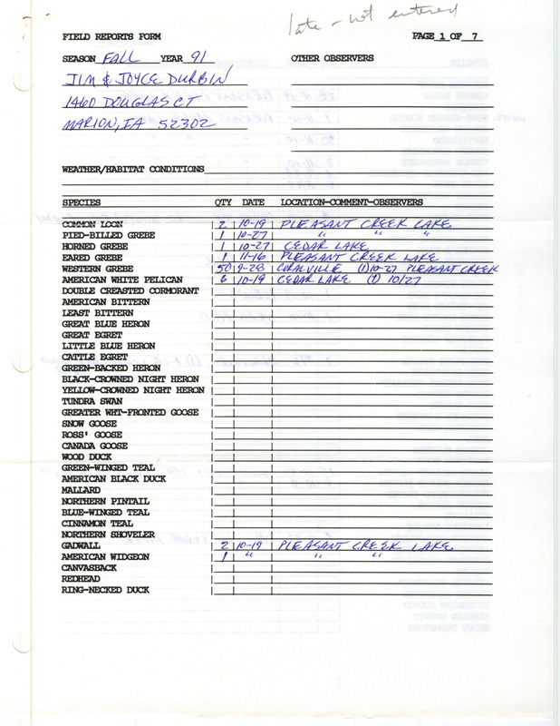 List of birds and locations contributed by James O. Durbin and Joyce Durbin. This item was submitted past the deadline for the Iowa Ornithologists' Union Quarterly Report of fall 1991.