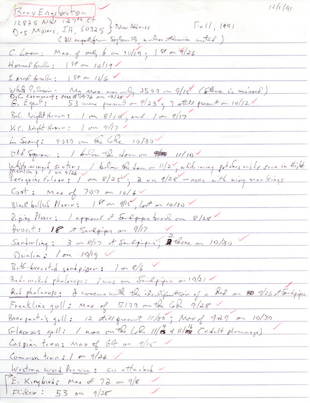 List of birds and locations contributed by Bery Engebretsen. This item was used as supporting documentation for the Iowa Ornithologists' Union Quarterly field report of fall 1991.