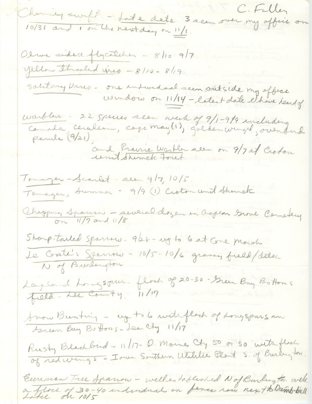 List of birds and locations contributed by Charles Fuller. This item was used as supporting documentation for the Iowa Ornithologists' Union Quarterly field report of fall 1991.