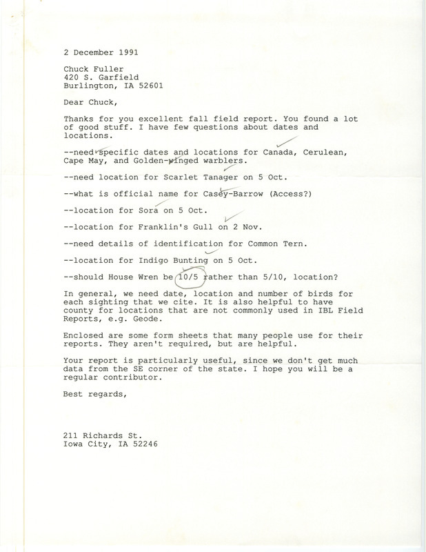 Letter from Thomas H. Kent to Charles Fuller requesting additional field report information including dates and location clarifications. This item was used as supporting documentation for the Iowa Ornithologists' Union Quarterly field report of fall 1991.