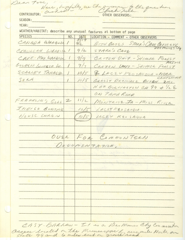 Field notes from Charles Fuller responding to questions from Thomas H. Kent regarding dates and sighting location clarifications. This item was used as supporting documentation for the Iowa Ornithologists' Union Quarterly field report of fall 1991.