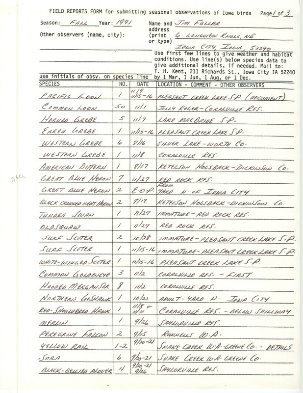 List of birds and locations contributed by James L. Fuller. This item was used as supporting documentation for the Iowa Ornithologists' Union Quarterly field report of fall 1991.