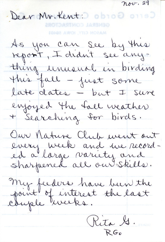 List of birds and locations contributed by Rita Goranson. Included with the field notes is a letter from Rita Goranson to Thomas H. Kent regarding bird sightings. This item was used as supporting documentation for the Iowa Ornithologists' Union Quarterly field report of fall 1991.