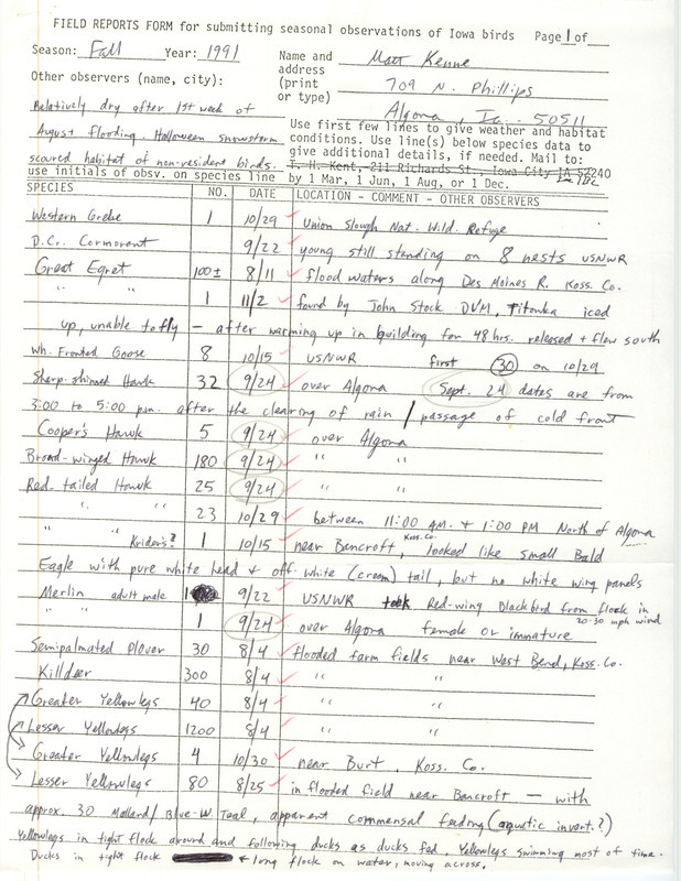 List of birds and locations contributed by Matthew Kenne. This item was used as supporting documentation for the Iowa Ornithologists' Union Quarterly field report of fall 1991.