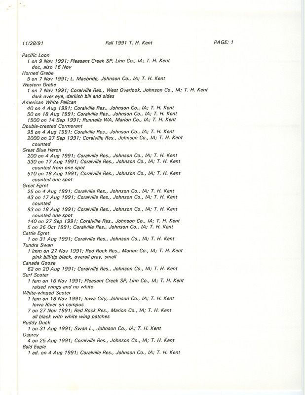 List of birds and locations contributed by Thomas H. Kent. This item was used as supporting documentation for the Iowa Ornithologists' Union Quarterly field report of fall 1991.