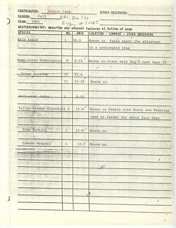 List of birds and locations contributed by Sharon Laub. This item was used as supporting documentation for the Iowa Ornithologists' Union Quarterly field report of fall 1991.