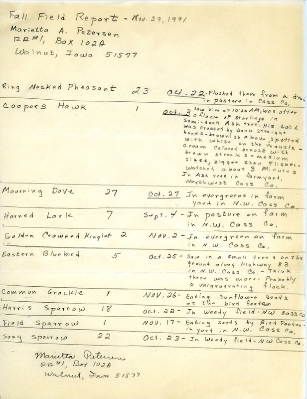 List of birds and locations contributed by Marietta Petersen. The field notes include a detailed description of a Cooper's Hawk. This item was used as supporting documentation for the Iowa Ornithologists' Union Quarterly field report of fall 1991.