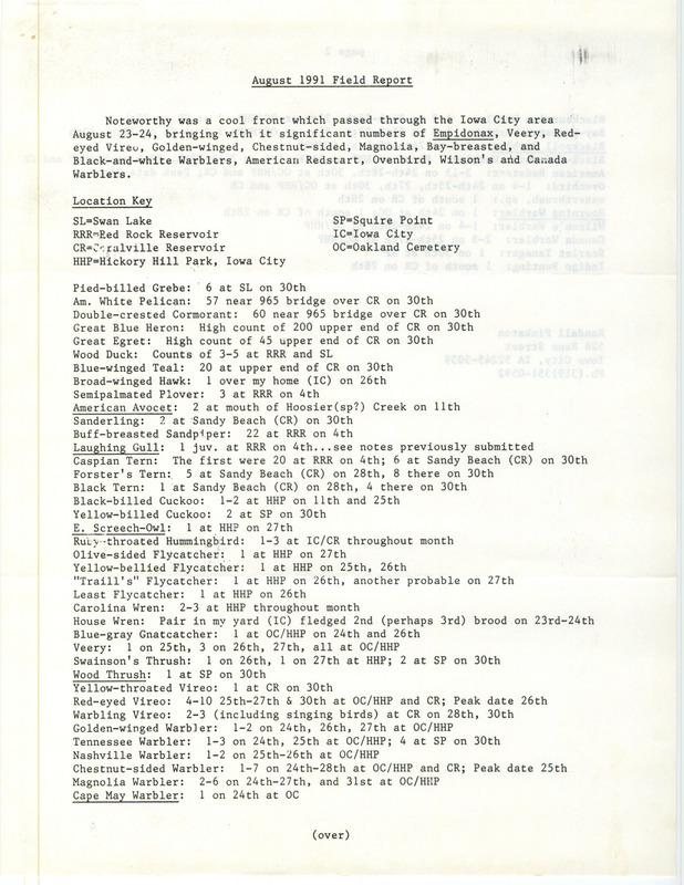 List of birds and locations contributed by Randall Pinkston. This item was used as supporting documentation for the Iowa Ornithologists' Union Quarterly field report of fall 1991.