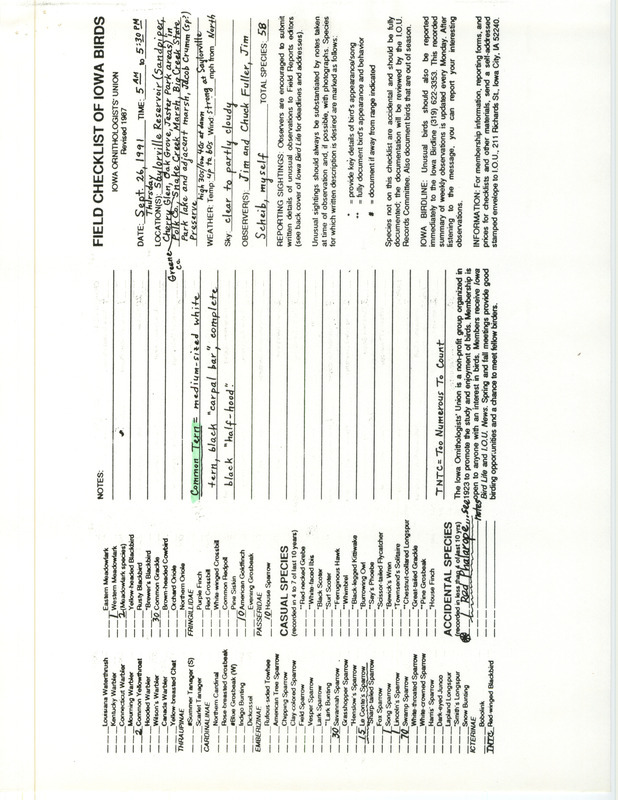 List of birds and locations contributed by Randall Pinkston with observers James L. Fuller, Charles Fuller and James Scheib. The field notes include detailed information on three Merlin sightings. This item was used as supporting documentation for the Iowa Ornithologists' Union Quarterly field report of fall 1991.